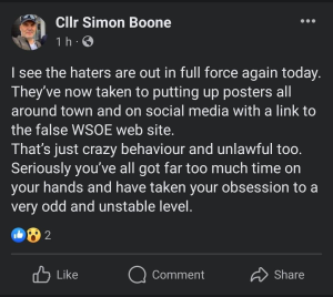 Image is a Facebook Post from Cllr Simon Boone (text in the main article)