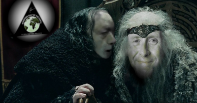 A Picture from LoTR where Wormtongue whispers in the King of Rohan's ear, but with Ernie Welch in place of Wormtongue and Town Clerk Mark Bailey in place of the King of Rohan